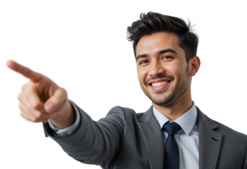 Smiling businessman in suit pointing forward. Studio portrait isolated on transparent background. Business and leadership concept.