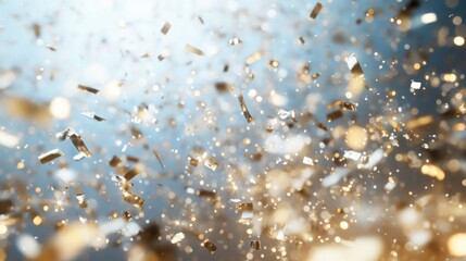 Fototapeta premium Confetti motion concept. A dynamic burst of shimmering particles in gold and silver tones against a soft blue backdrop, evoking energy and celebration.