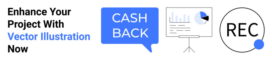 Cashback bubble, data chart on screen, recording icon on white. Ideal for business strategy, data management, finance, tech tools, marketing campaigns, e-commerce flat landing page banner