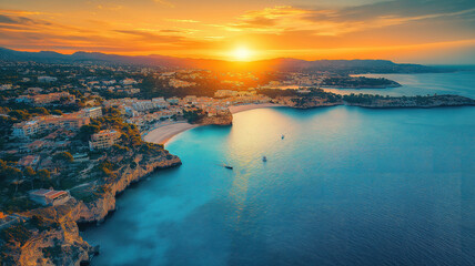 Fototapeta premium Stunning sunset over the coastal town of Santa Ponsa in Mallorca with the sky painted in warm hues