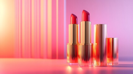 Obraz premium Luxury lipsticks in various red shades with gold metallic packaging are showcased against a soft blurred pink background, highlighting high-end beauty with selective focus and studio lighting.