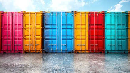 Colorful Containers Lined for Shipping at Port under Blue Sky with Clouds Use in Logistics