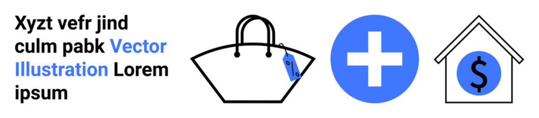 Shopping bag with tag, healthcare cross, house with dollar sign inside. Ideal for e-commerce, healthcare, finance, business solutions, insurance, digital platforms flat landing page banner