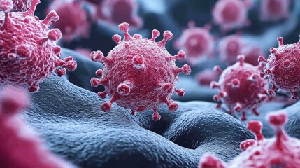 microscopic structure of virus particles attached to cell surface microbiology and virology research with electron microscope high-detail image for infection study and medical breakthroughs