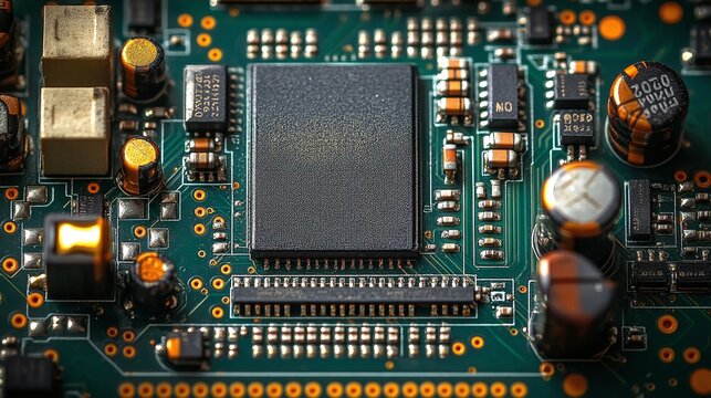 computer motherboard with processor chipset and digital circuit components illustrating semiconductor hardware and modern computing technology