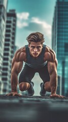 Determined Caucasian male athlete preparing to sprint in an urban setting.