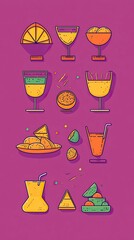 Holi Sweets and Drinks Icon Set with Traditional Items, Holi