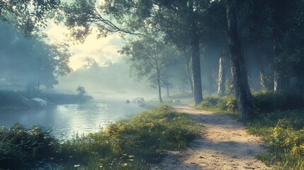 Fototapeta premium Tranquil forest scene features a meandering river, misty morning atmosphere, tall ancient trees, lush green foliage, soft natural lighting, and a dirt path, creating an ethereal woodland landscape