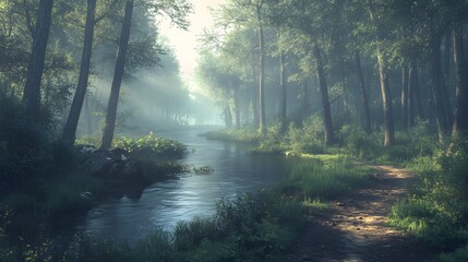 Obraz premium Tranquil forest scene features a meandering river, misty morning atmosphere, tall ancient trees, lush green foliage, soft natural lighting, and a dirt path, creating an ethereal woodland landscape