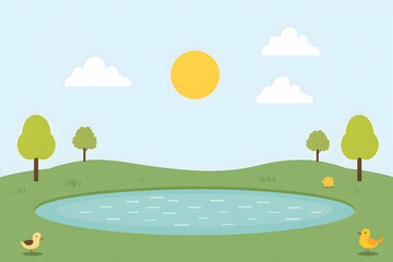 Obraz premium Idyllic summer scene featuring a tranquil pond, lush green hills, vibrant trees, and cheerful birds under a sunny sky. Perfect for children's books, websites, or educational materials.