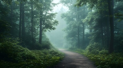 Obraz premium Tranquil forest scene features a meandering river, misty morning atmosphere, tall ancient trees, lush green foliage, soft natural lighting, and a dirt path, creating an ethereal woodland landscape