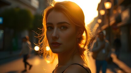 Elegant, refined portrait in warm golden hour light, depicting a person on a Ramadan night street, soft light, graceful features, subtle shadows