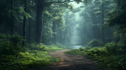 Obraz premium Tranquil forest scene features a meandering river, misty morning atmosphere, tall ancient trees, lush green foliage, soft natural lighting, and a dirt path, creating an ethereal woodland landscape