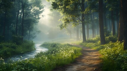 Obraz premium Tranquil forest scene features a meandering river, misty morning atmosphere, tall ancient trees, lush green foliage, soft natural lighting, and a dirt path, creating an ethereal woodland landscape