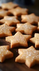 Golden star-shaped cookies sprinkled with sugar on a rustic wooden surface.