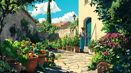 Obraz premium Gardener tending vibrant garden in sunny courtyard