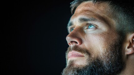 Obraz premium Close-up portrait of a man, thoughtful expression, black background, studio shot, use for emotion or lifestyle