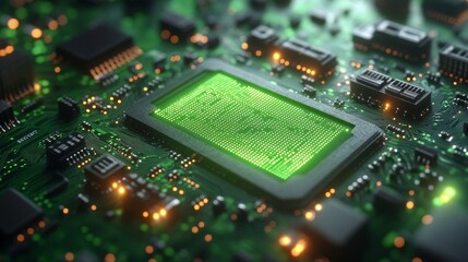 Obraz premium Green Technology Circuit Board with Illuminated Microchips and Patterns