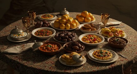 Fototapeta premium A lavish Iftar feast at sunset, featuring traditional dishes and ornate tableware