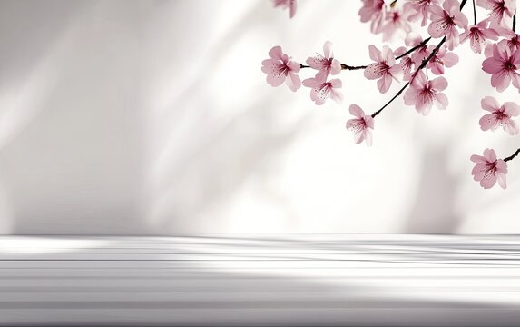 White table, cherry blossoms, sunlight, wall, product display