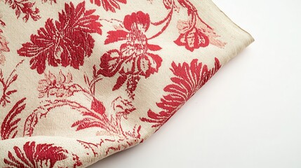 A vintage tapestry, woven from threads of red damask, unfolded against a pristine white backdrop, exuding a timeless charm reminiscent of bygone eras.