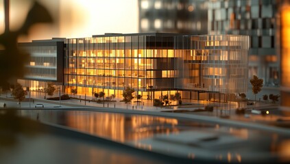 Modern Glass Building Architectural Model at Sunset, Cityscape Showcase with Illuminating Interior Design, Reflecting Tranquil Water, Detailed Landscape and Urban Planning