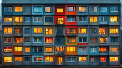 Nightfall apartment building, city lights, urban scene, home
