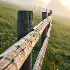 Wooden fence in a grassy field with trees and nature in the background
