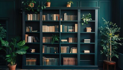 Dark green bookcase, books, plants, interior, room, library, home, study, design, decor