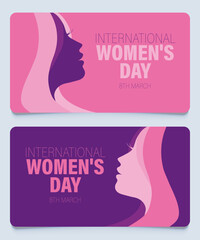 Set of horizontal International Women's Day March 8th card, gift tag, certificate, discount, flyer with female silhouette face woman head, space for text. Minimalist style Mockup purple pink template.