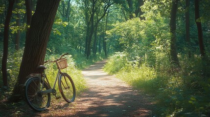 Obraz premium tranquil wooded path with a bicycle resting against a tree evoking feelings of freedom eco-friendly travel and the serenity of nature cycling