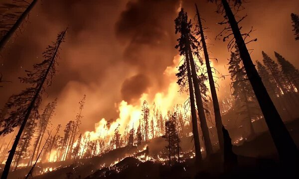 Intense wildfires engulf a forest, with flames illuminating the smoky sky and silhouetted trees