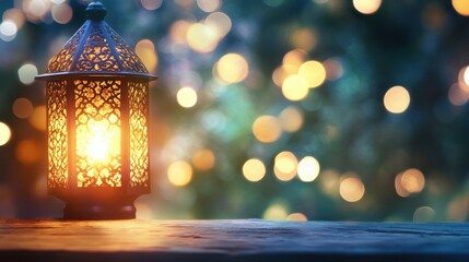 Fototapeta premium Decorative Lantern Glowing Against a Bokeh Background at Night