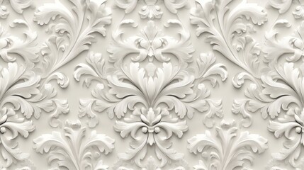 A Baroque-inspired wallpaper featuring an intricate, seamless floral design in shades of white and grey. This graphic pattern is ideal for fabric, wallpaper, and packaging, adding a touch of elegance