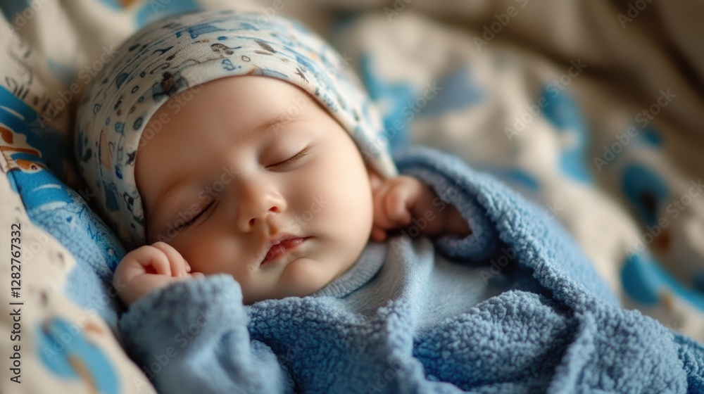Poster sleeping baby wrapped in cozy blanket with a hat on soft bedding in a serene indoor environment. gen