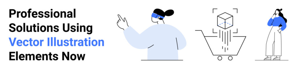 Person explaining idea, 3D cube in shopping cart, curious individual pondering. Ideal for design, creativity, e-commerce, teamwork, innovation, presentations web design flat landing page banner