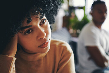 Thinking, ignore and sad woman with stress, couple or toxic relationship with divorce, anxiety or...