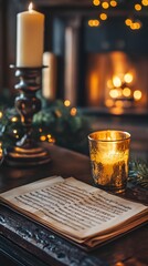 Candlelit scene with sheet music, evoking a warm, cozy atmosphere during the holidays.