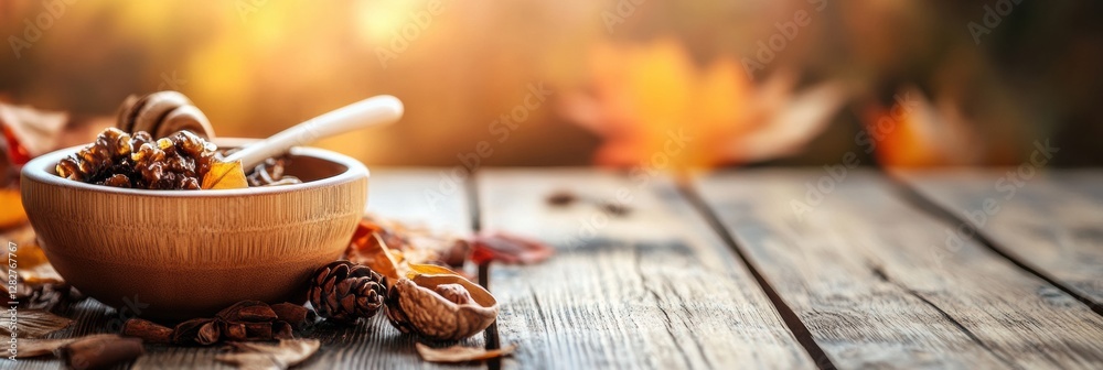 Aufkleber warm bowl of nuts and honey placed on rustic wooden table surrounded by autumn leaves in a cozy sett