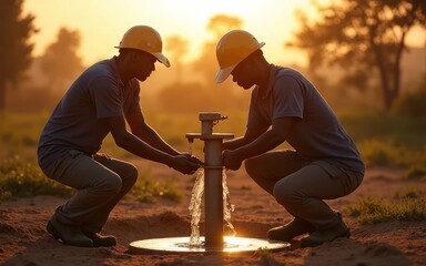 Two Workers in Hard Hats Gathering Water from a Well at Sunset
