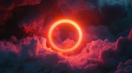 Obraz premium A 3D rendered spectacle unfolds: a vibrant, neon ring pulsates within a stormy, dark cloud against a stark, black canvas. The abstract interplay of colors and shapes evokes a sense of dynamic energy