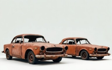 Fototapeta premium Two Rusty Vintage Classic Cars Abandoned Retro Automobiles Weathered Coupe Vehicles