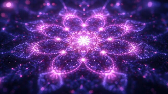 Purple fractal flower glows, dark background, digital art, design