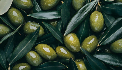 Lush green olives nestled amongst vibrant olive leaves, creating a rich, natural texture. Perfect for food blogs, culinary websites, or olive oil product packaging.