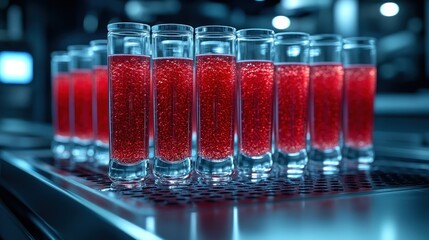 Red liquid samples, factory, testing, night