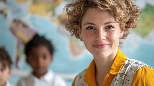 Inclusive classroom education empathy concept. A smiling teacher stands in a classroom with children, set against a colorful world map backdrop.