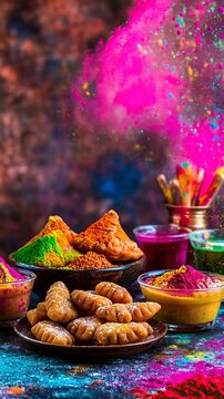 Holi-Themed Sweets and Drinks with Bright Color Splashes, Holi 