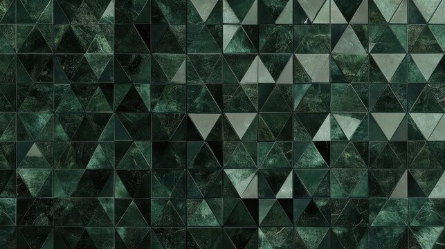 A dark green mosaic tile wallpaper, adorned with geometric fluted triangles, creating a dynamic and modern backdrop, perfect for a banner that captures attention and exudes sophistication.