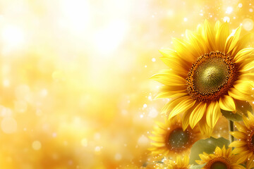 Obraz premium Vibrant sunflowers bask in golden sunlight, creating a cheerful and summery scene perfect for backgrounds or designs.