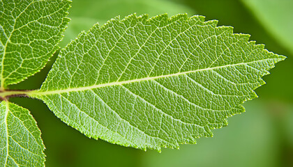 Obraz premium Close-up of a vibrant green leaf, showcasing intricate vein details and texture; perfect for nature, botany, or environmental themes.